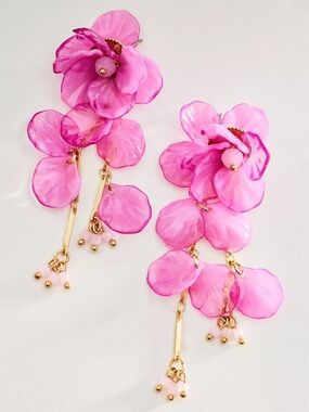 NWT Anthropologie Floral Drop Earrings in Dark Fuchsia Statement Earrings